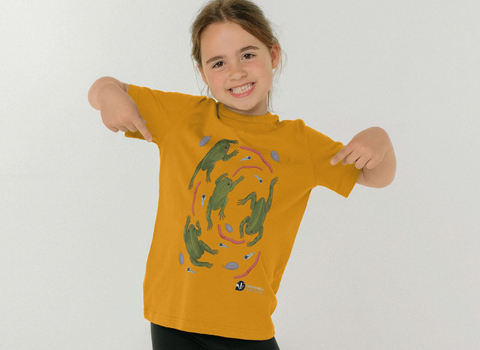 Child modelling yellow Lincolnshire Wildlife Trust 75th Anniversary Collection Natterjack Toads T-shirt