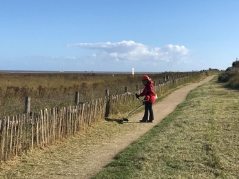 Residential volunteer strimming the pathside at Donna Nook