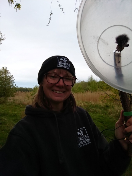Emily at Whisby Nature Park recording the Dawn Chorus