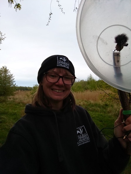 Emily at Whisby Nature Park recording the Dawn Chorus 