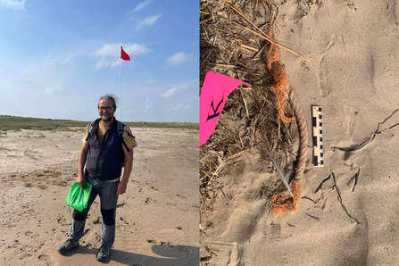 Artist Mark Steadman and flagged beach litter at Gibraltar Point