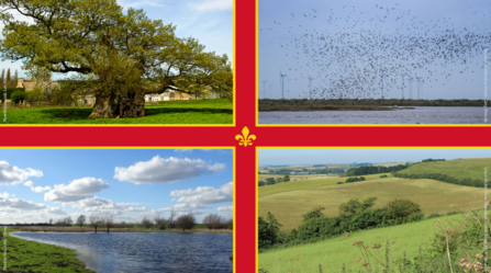 Lincolnshire flag with photo of the landscape of the county
