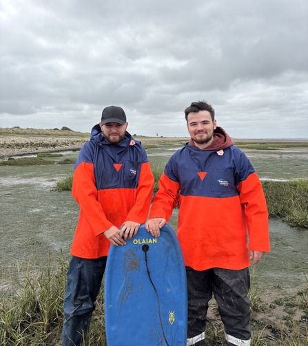 Josh and Ryan with bodyboard at Spurn Point planting seagrass