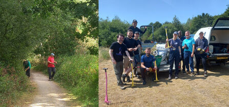 Cutting back the verges and corporate work party clearing ragwort at Whisby