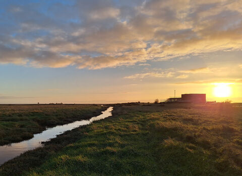 Winter dusk view back towards the Gibraltar Point Visitor Centre