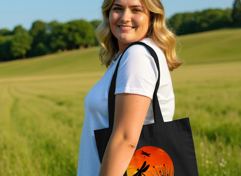 Model in field carrying exclusive Lincolnshire Wildlife Trust dragonflies design tote bag