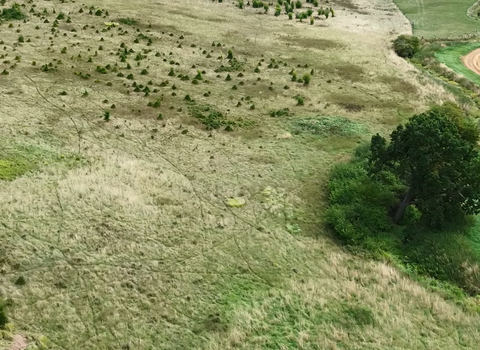 Drone shot of Hawthorpe showing neighbouring arable