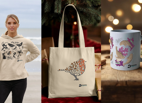 Composite photo of wildlife-themed winter clothing and Christmas gifts